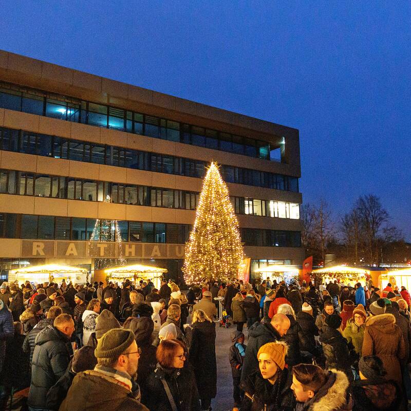 Der Marktplatz mit Weihnachtsmarkt und einem großen bleuchteten Weihnachtsbaum bei Abenddämmerung.