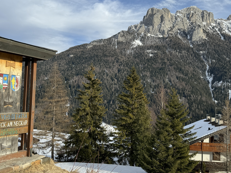 Holztafel mit de Wappen von Remseck am Neckar und San Giovanni di Fassa am Ortseingang in San Giovanni di Fassa.