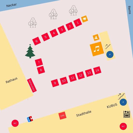 Lageplan des Marktplatzes mit eingezeichnetem Standort der Verkaufshütten