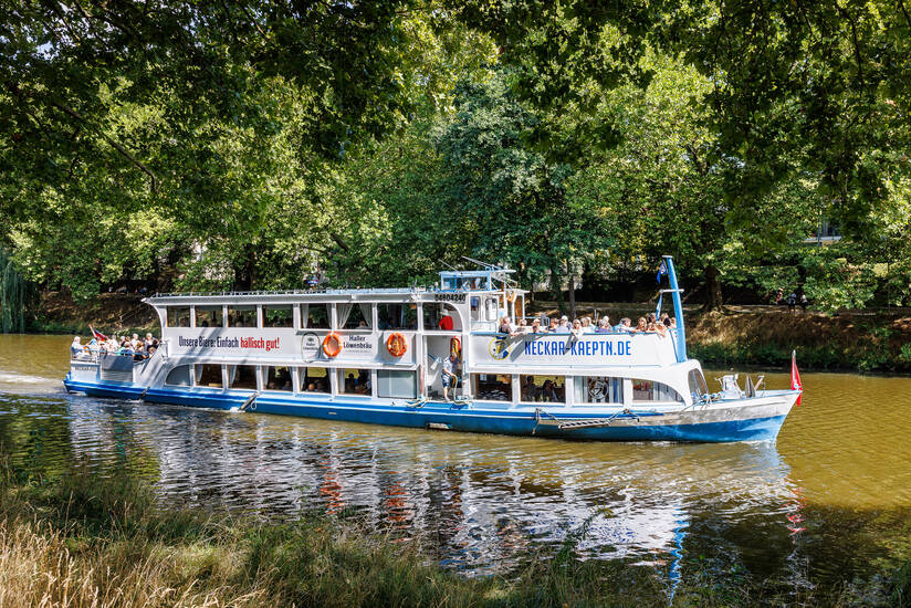 Schiff auf einem Fluss, im Hintergrund Bäume.