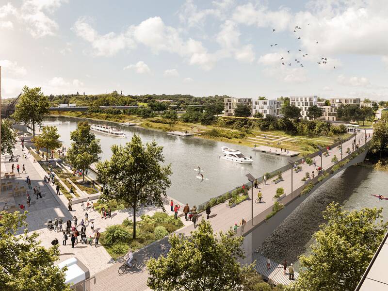 Blick vom Rathaus über den Neckar in Richtung des 3. Teils der Neuen Mitte im Entwurfsstadium