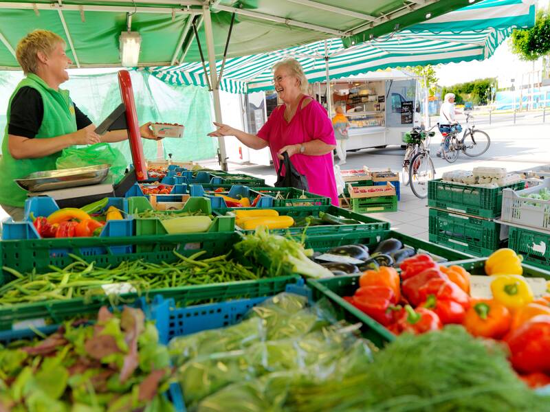 Ein marktstand mit Obst und Gemüse, eine Kundin zahlt gerade bei der Verkäuferin.