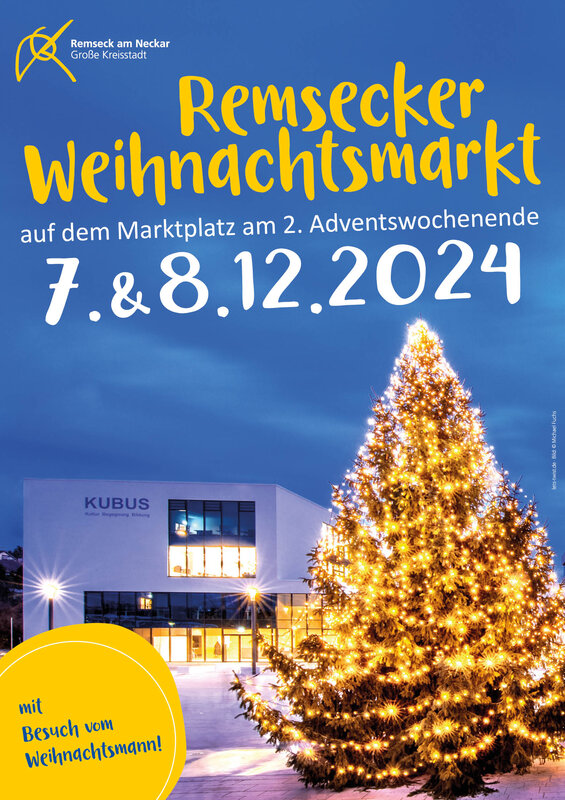 Veranstaltungsplakat zum Remsecker Weihnachtsmarkt am 7. und 8. Dezember 2024. Es zeigt den Marktplatz mit einem großen beleuchteten Tannenbaum.